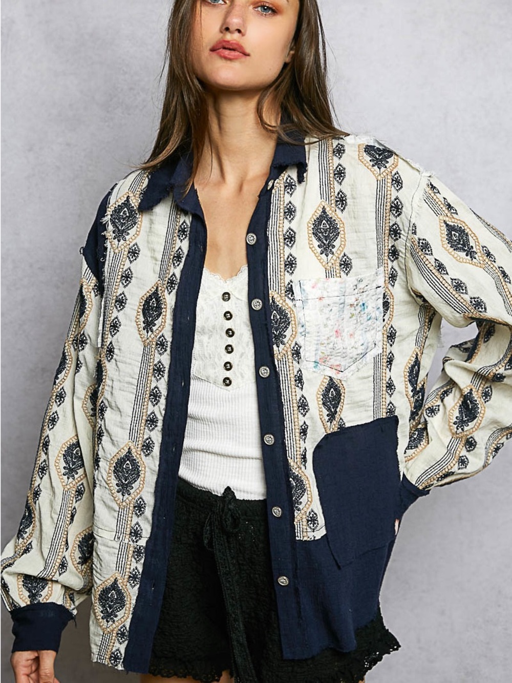 POL Navy and Cream Patterned Button-Down Shirt Jacket